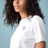 Dynamite Cropped Embroidered Tee In Bright White And Navy Thread