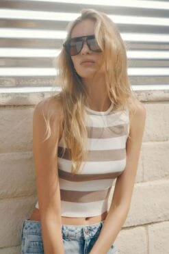 Dynamite Crew Neck Sweater Tank Top In Snow White & Almond Tan Stripes