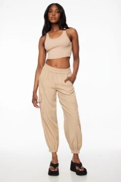 Dynamite Daria Utility Jogger Pants In Almond Tan Beige