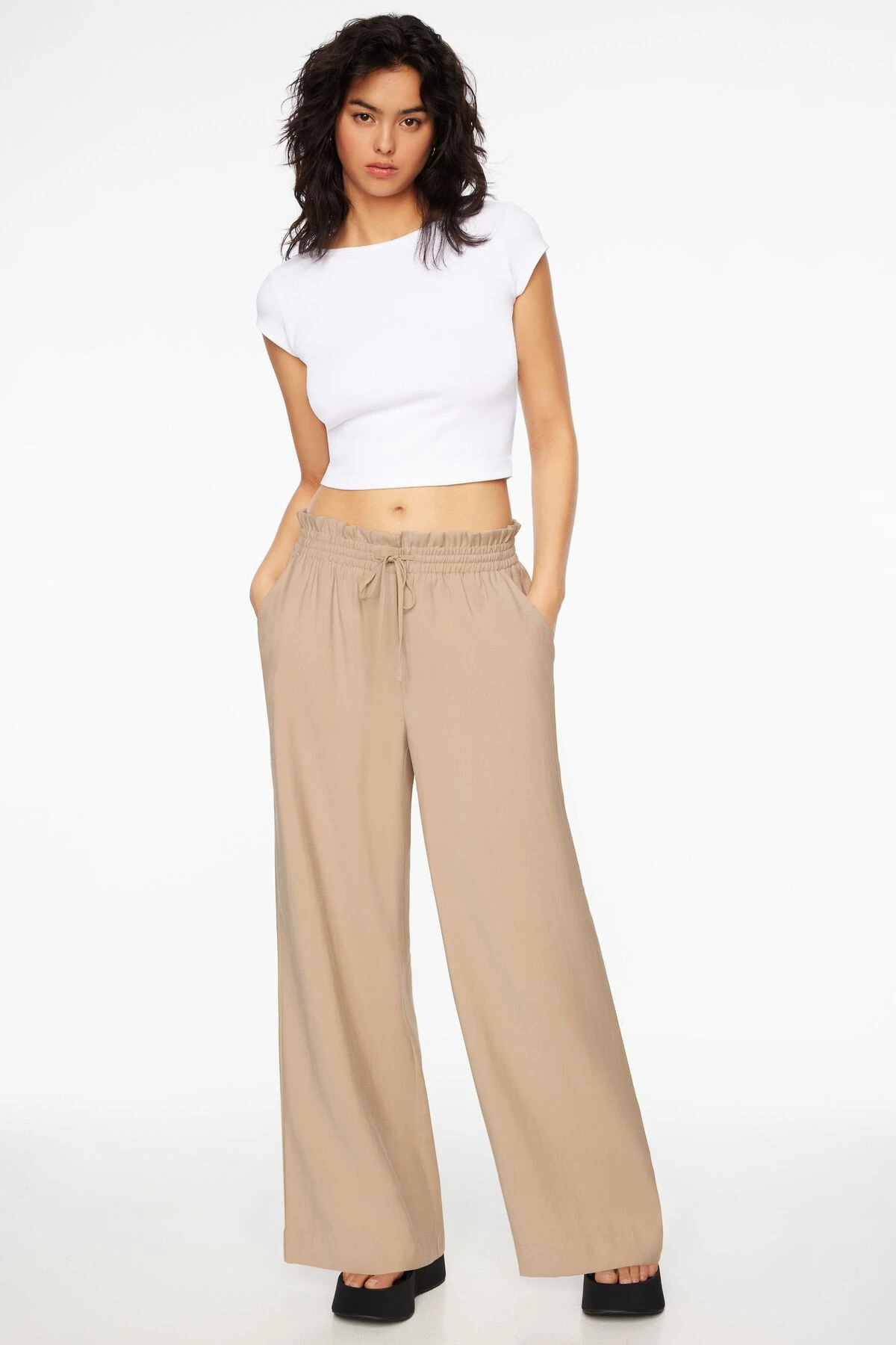 Dynamite Natalia Paper Bag Wide Leg Pants In Almond Tan Beige