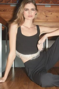 Dynamite Rhinestone Fringe Crop Top In Jet Black