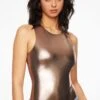 Dynamite Sleeveless Metallic Bodysuit In Metallic Rose Gold