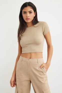 Dynamite Anniston Seamless Bodycon Tee In Almond Tan
