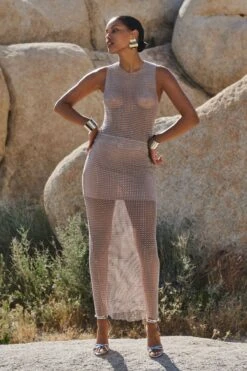 Dynamite Mesh Rhinestone Maxi Skirt In Rose Gold