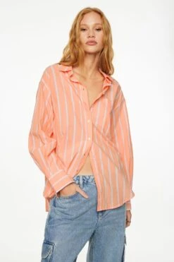 Dynamite Frida Striped Oversized Button Up Shirt In Coral & White Pinstripe