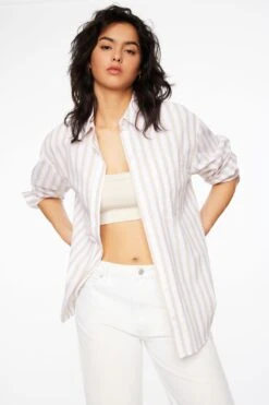 Dynamite Frida Striped Oversized Button Up Shirt In Light Beige & White Pinstripe