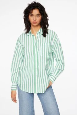 Dynamite Frida Striped Oversized Button Up Shirt In Green & White Pinstripe