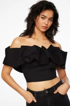Dynamite Ruffle Off Shoulder Crop Top In Jet Black