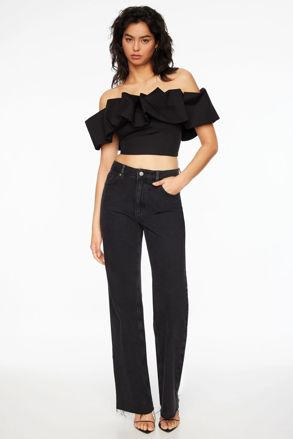 Dynamite Ruffle Off Shoulder Crop Top In Jet Black - Image 2