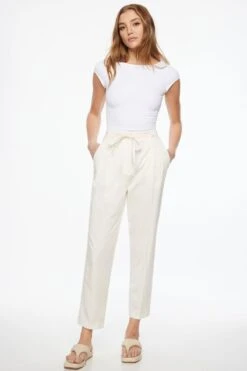 Dynamite Belted Straight Leg Pants In Sea Salt Beige