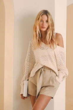 Dynamite Long Sleeve Open Stitch Sweater In Soft Maple Beige