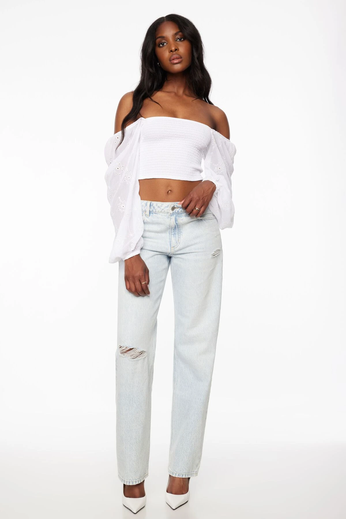 Dynamite Lisbet Long Sleeve Smocked Top In Bright White - Image 2