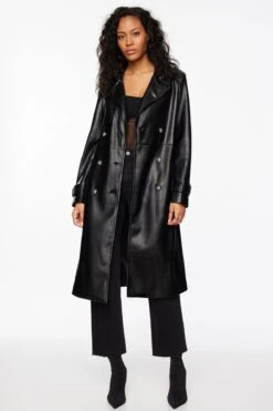 Dynamite Maxi Faux Leather Trench Coat In Jet Black