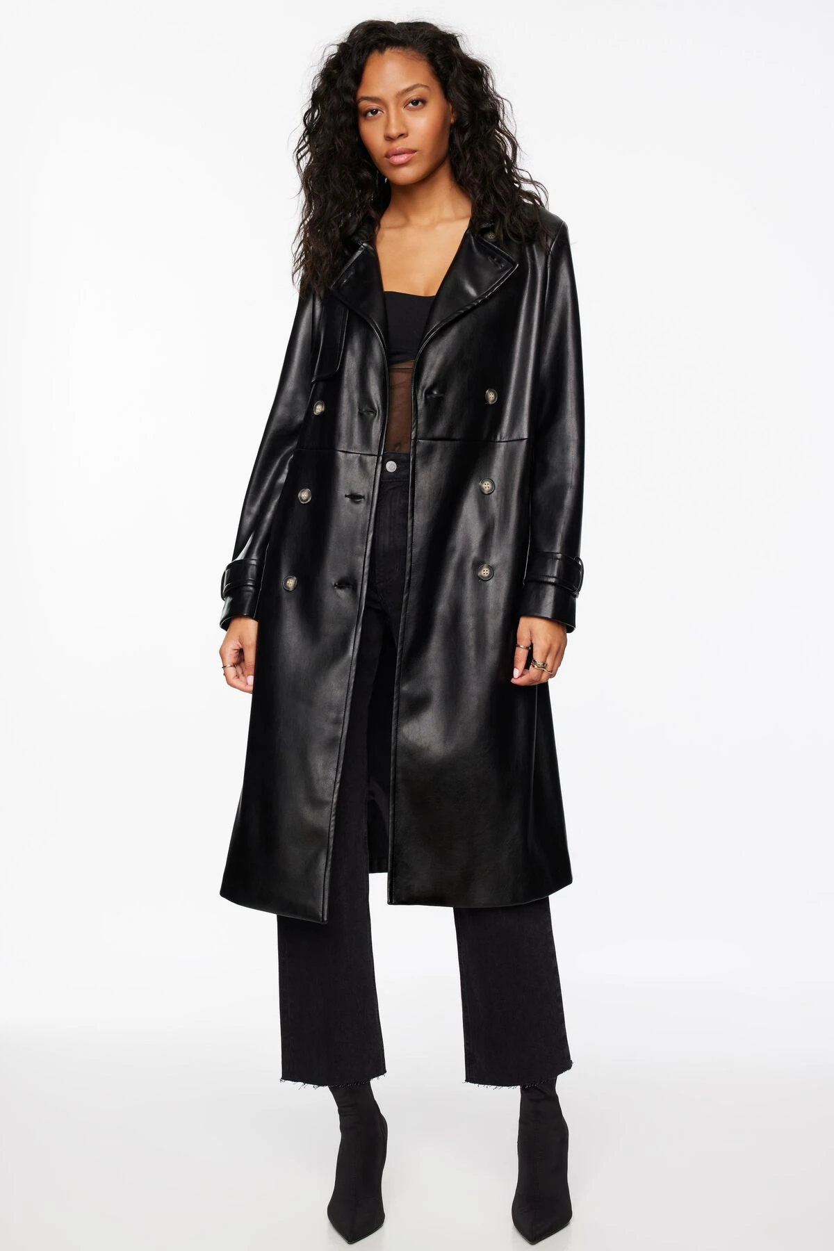Dynamite Maxi Faux Leather Trench Coat In Jet Black