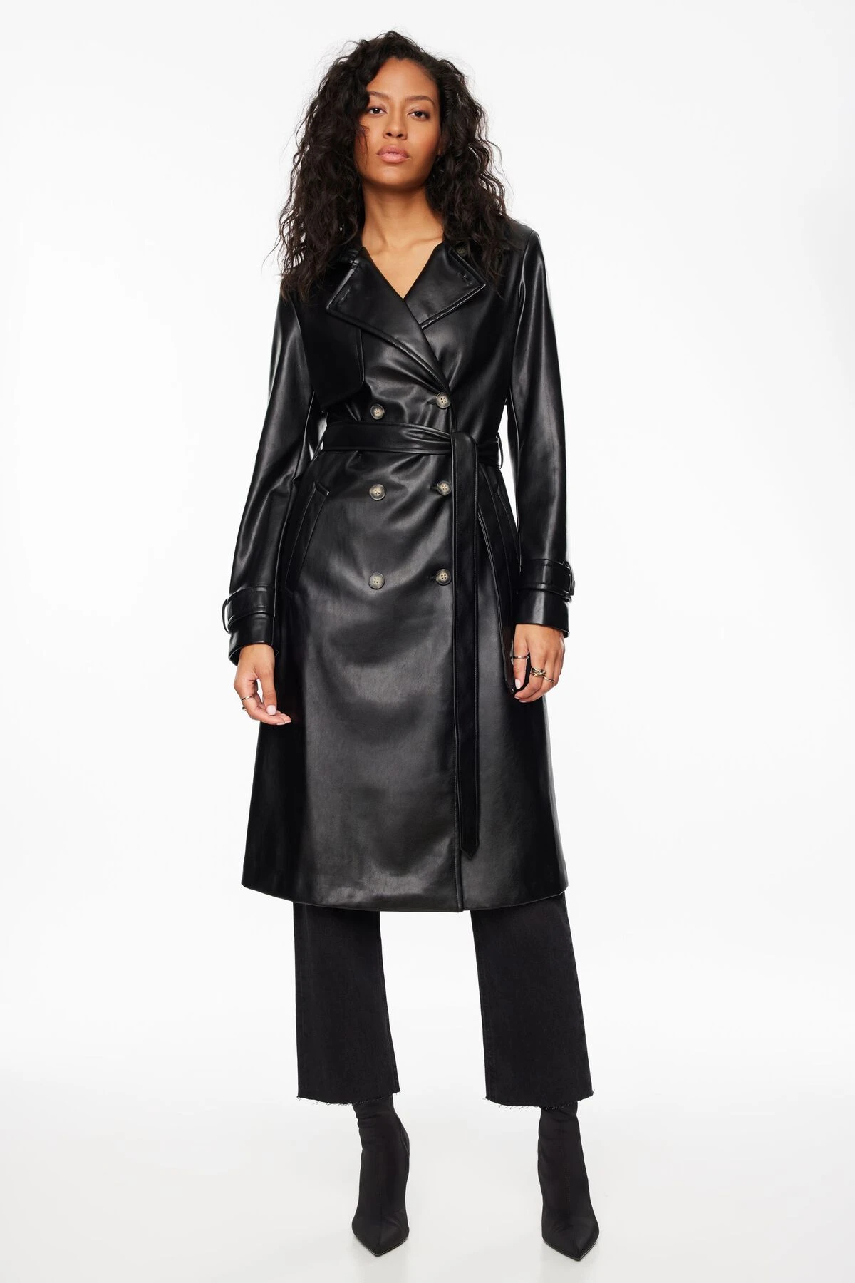 Dynamite Maxi Faux Leather Trench Coat In Jet Black - Image 2