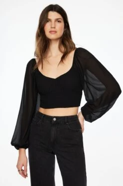 Dynamite Lilie Balloon Sleeve Smocked Top In Jet Black