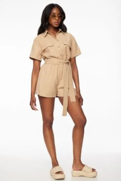 Dynamite Short Sleeve Utility Romper In Almond Tan Beige