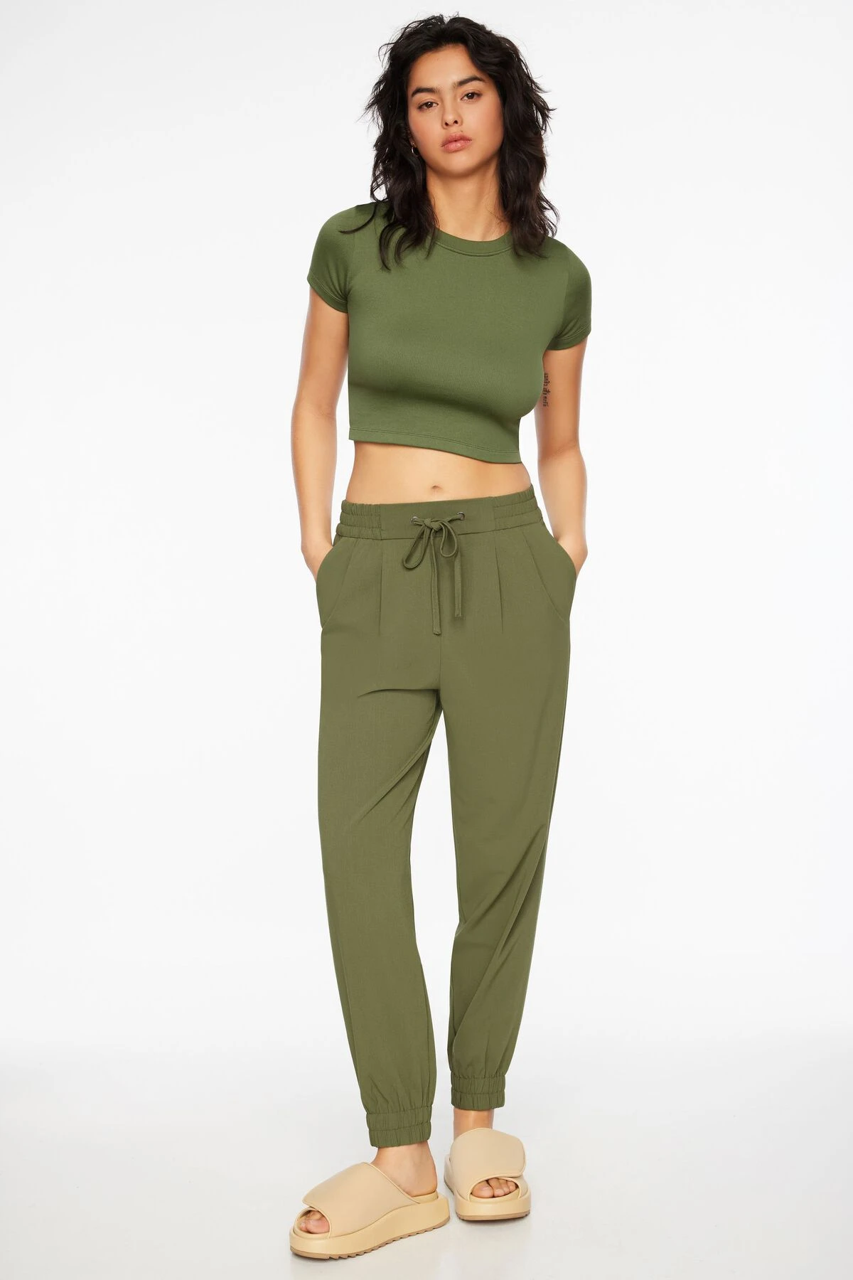 Dynamite Sacha Twill Jogger Pants In Bronze Green
