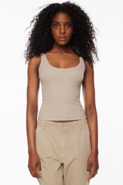 Dynamite Elize Round Neck Tank Top In Vintage Khaki