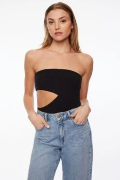 Dynamite Strapless Cut Out Bodysuit In Jet Black