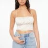 Dynamite Everly Ruched Satin Crop Top In Polished Pearl Beige