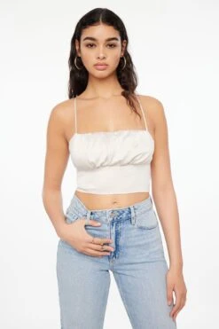 Dynamite Everly Ruched Satin Crop Top In Polished Pearl Beige