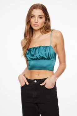 Dynamite Everly Ruched Satin Crop Top In Shaded Spruce Green