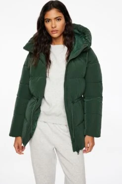 Dynamite Lustre Puff ™ Cinched Waist Puffer Jacket In Mountain View Green