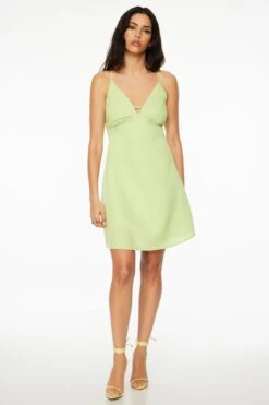 Dynamite Linen V-Neck Flare Mini Dress In Sap Green