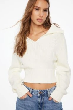 Dynamite Sailor Collar Ribbed Sweater In Snow White