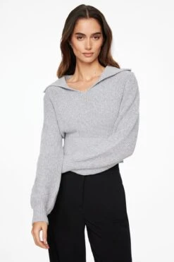 Dynamite Sailor Collar Ribbed Sweater In Light Grey Marl