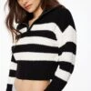 Dynamite Mock Neck Zip Sweater In Jet Black & Snow White Stripes