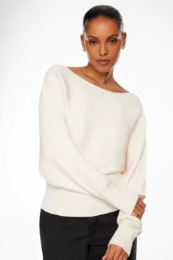 Dynamite Long Sleeve Boat Neck Sweater In Sea Salt Beige