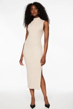 Dynamite Mock Neck Sweater Dress In Rainy Day Beige