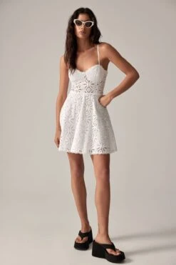 Dynamite Eyelet Flare Mini Dress In Bright White