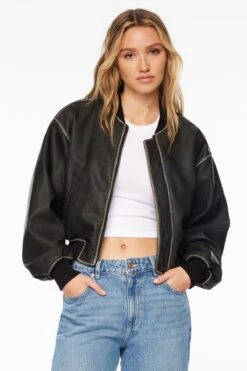 Dynamite Faux Leather Cropped Bomber Jacket In Jet Black