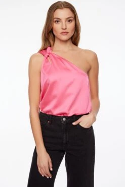Dynamite One Shoulder Satin Bodysuit In Fandango Pink