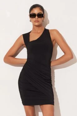 Dynamite Asymmetrical Ruched Mini Dress In Jet Black