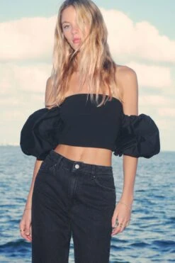 Dynamite Madison Off Shoulder Poplin Sleeve Top In Jet Black