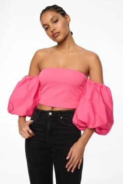 Dynamite Madison Off Shoulder Poplin Sleeve Top In Fandango Pink