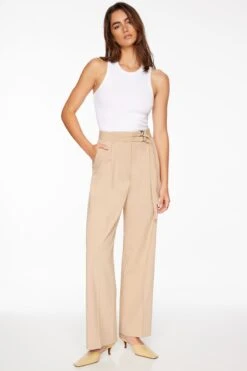 Dynamite Belted Wide Leg Pants In Almond Tan Beige