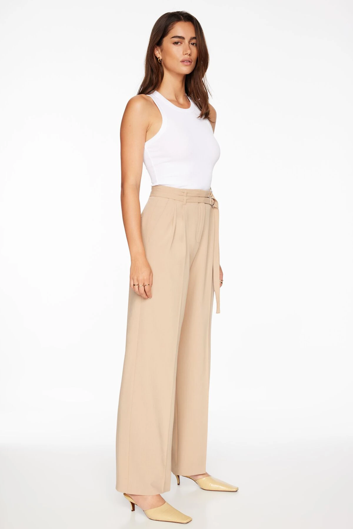 Dynamite Belted Wide Leg Pants In Almond Tan Beige - Image 2