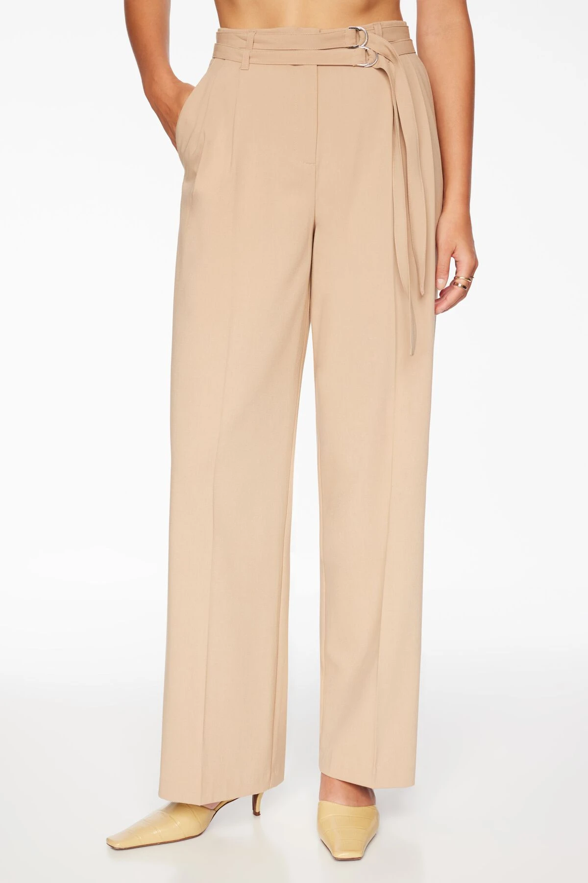 Dynamite Belted Wide Leg Pants In Almond Tan Beige - Image 3
