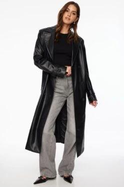 Dynamite Military Faux Leather Trench Coat In Jet Black