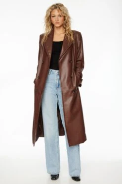 Dynamite Military Faux Leather Trench Coat In French Roast Brown