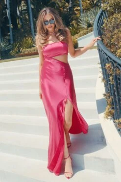 Dynamite Jane Cut Out Satin Maxi Dress In Beetroot Pink