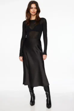 Dynamite Melody Satin Slip Midi Skirt In Jet Black