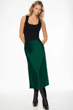 Dynamite Melody Satin Slip Midi Skirt In Jewel Green