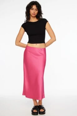 Dynamite Melody Satin Slip Midi Skirt In Gala Pink