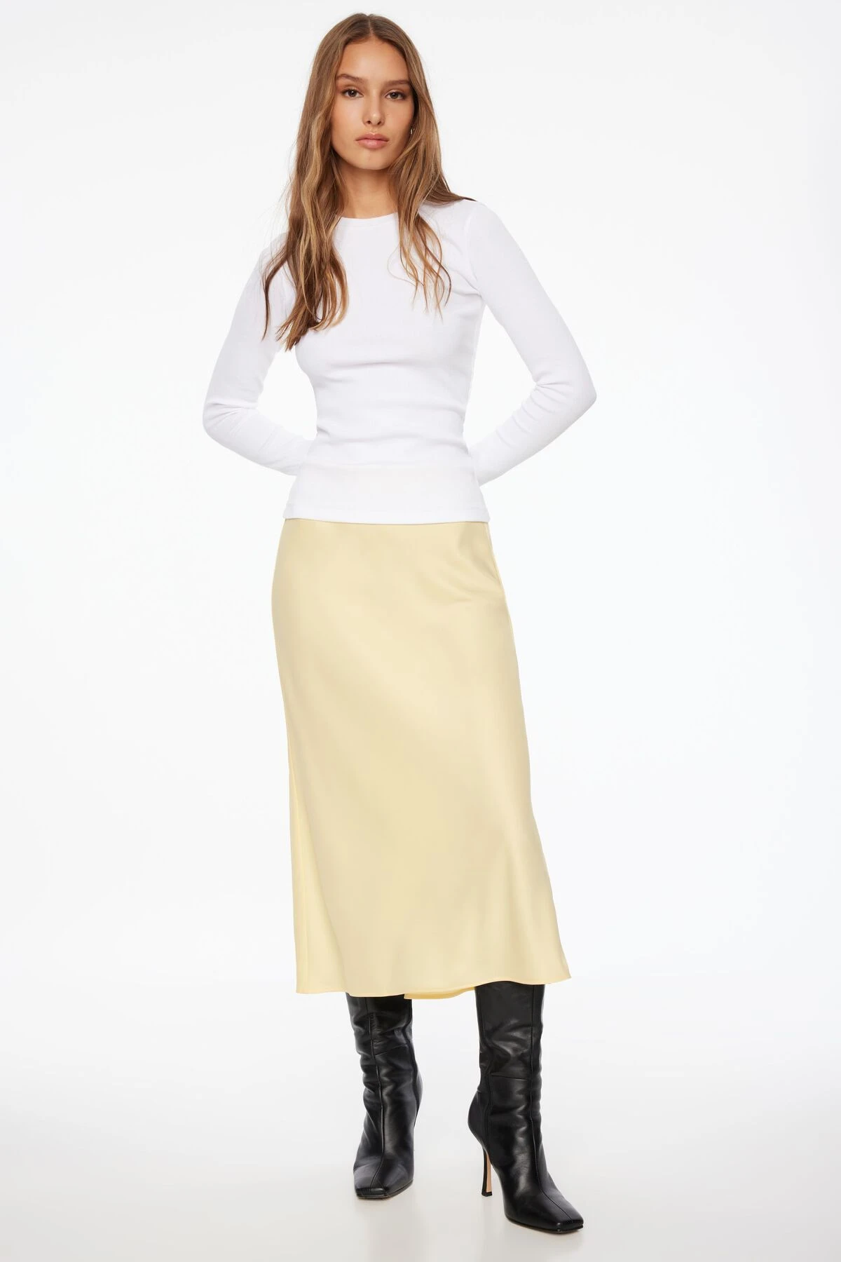 Dynamite Melody Satin Slip Midi Skirt In Candied Citrus Yellow - Image 3